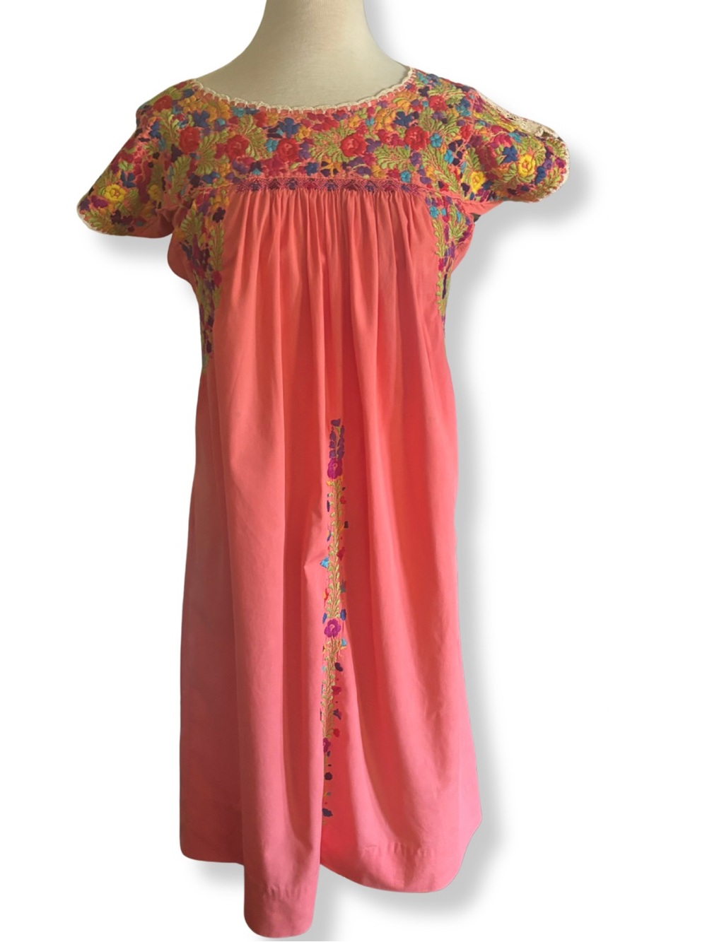 Vintage Handmade Embroidered Mexican Huipil Dress Coral Floral Boho Artisan
